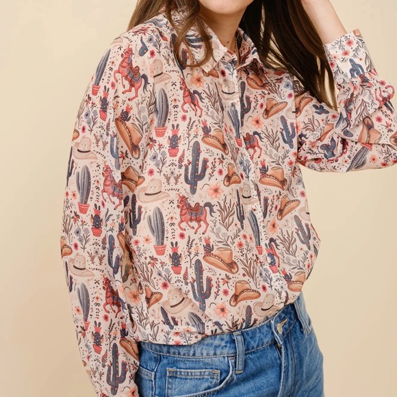 Western Print Chiffon Button Up Blouse - Picture 3 of 6